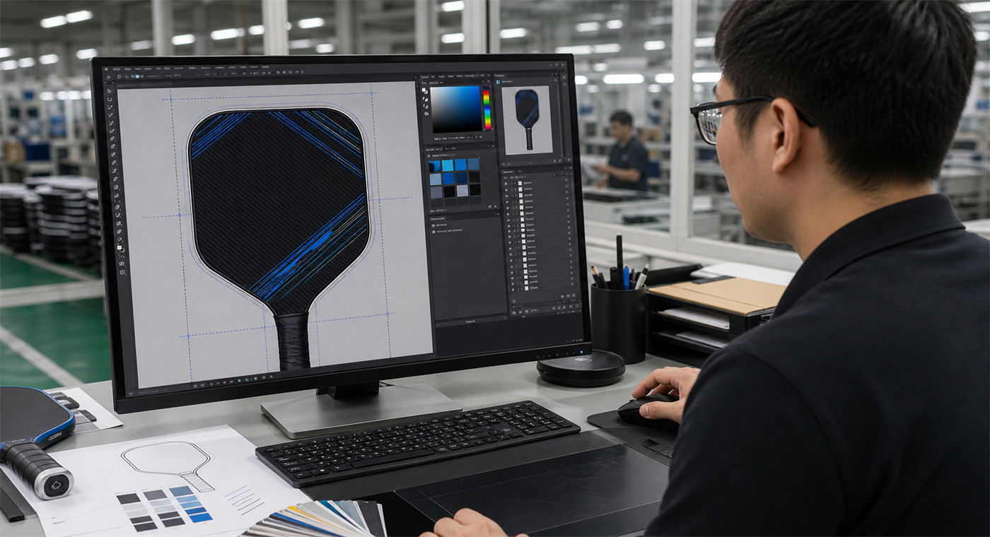 Designer preparing custom pickleball paddle artwork on a workstation