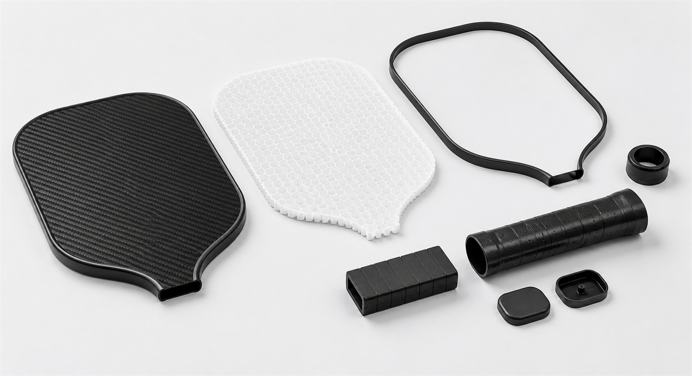 Exploded custom pickleball paddle construction and component configuration