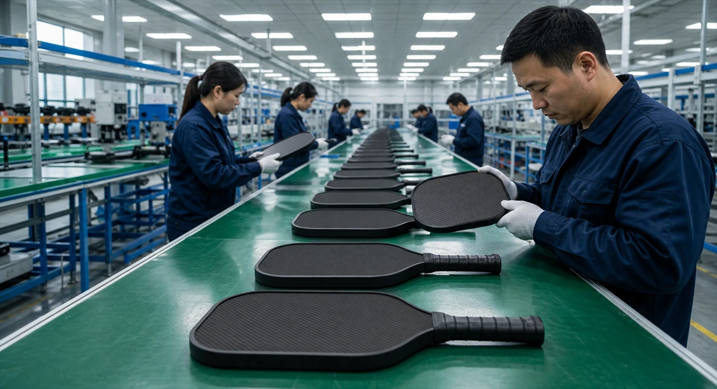 Pickleball paddles moving through an organized production line