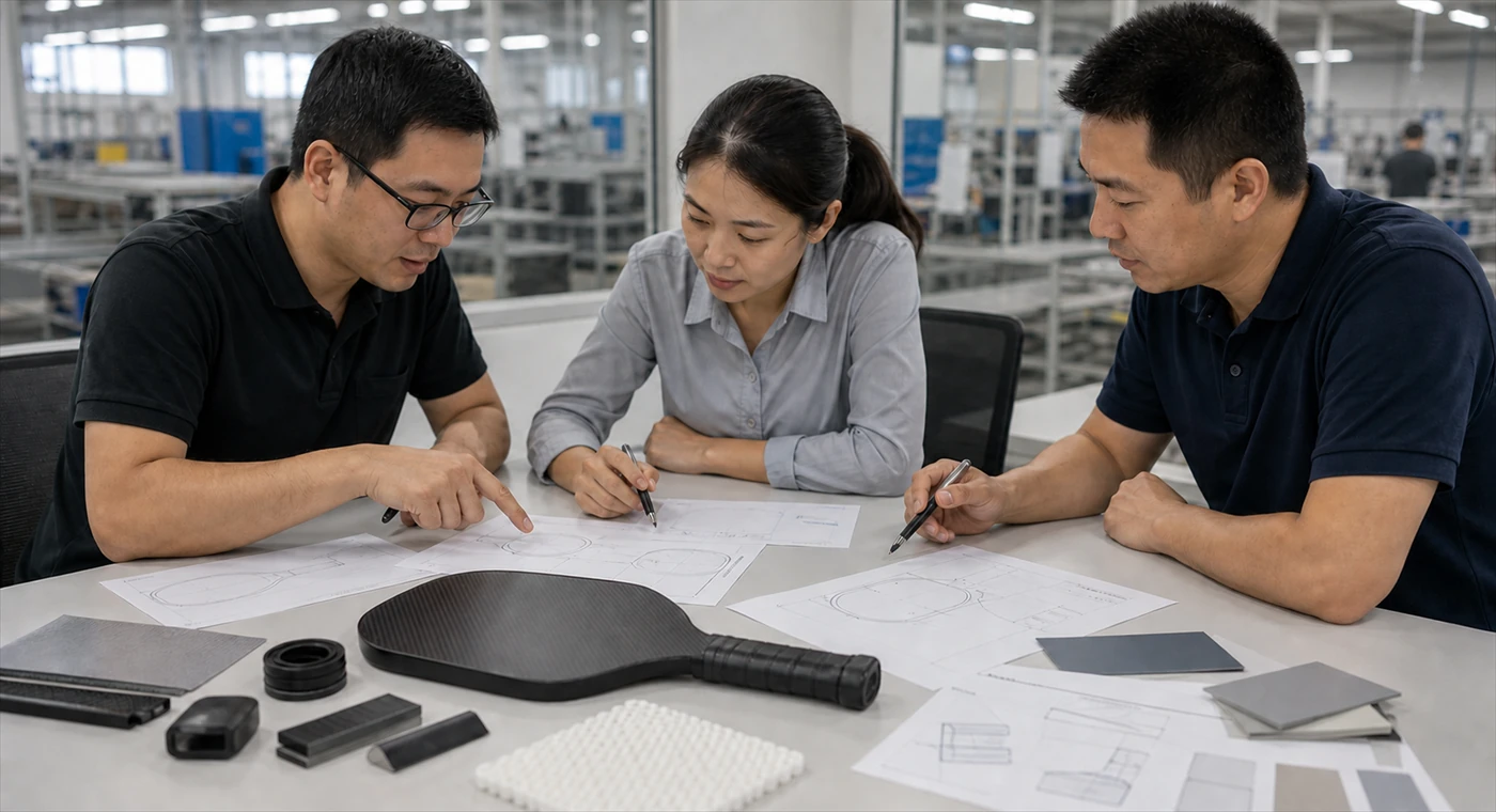 Product development team discussing custom pickleball paddle requirements
