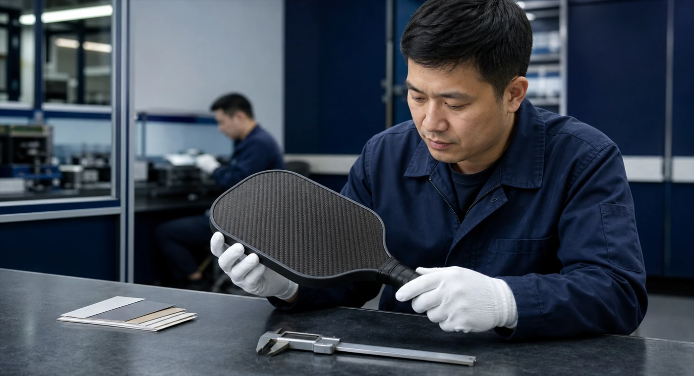 Factory specialist reviewing a custom pickleball paddle sample